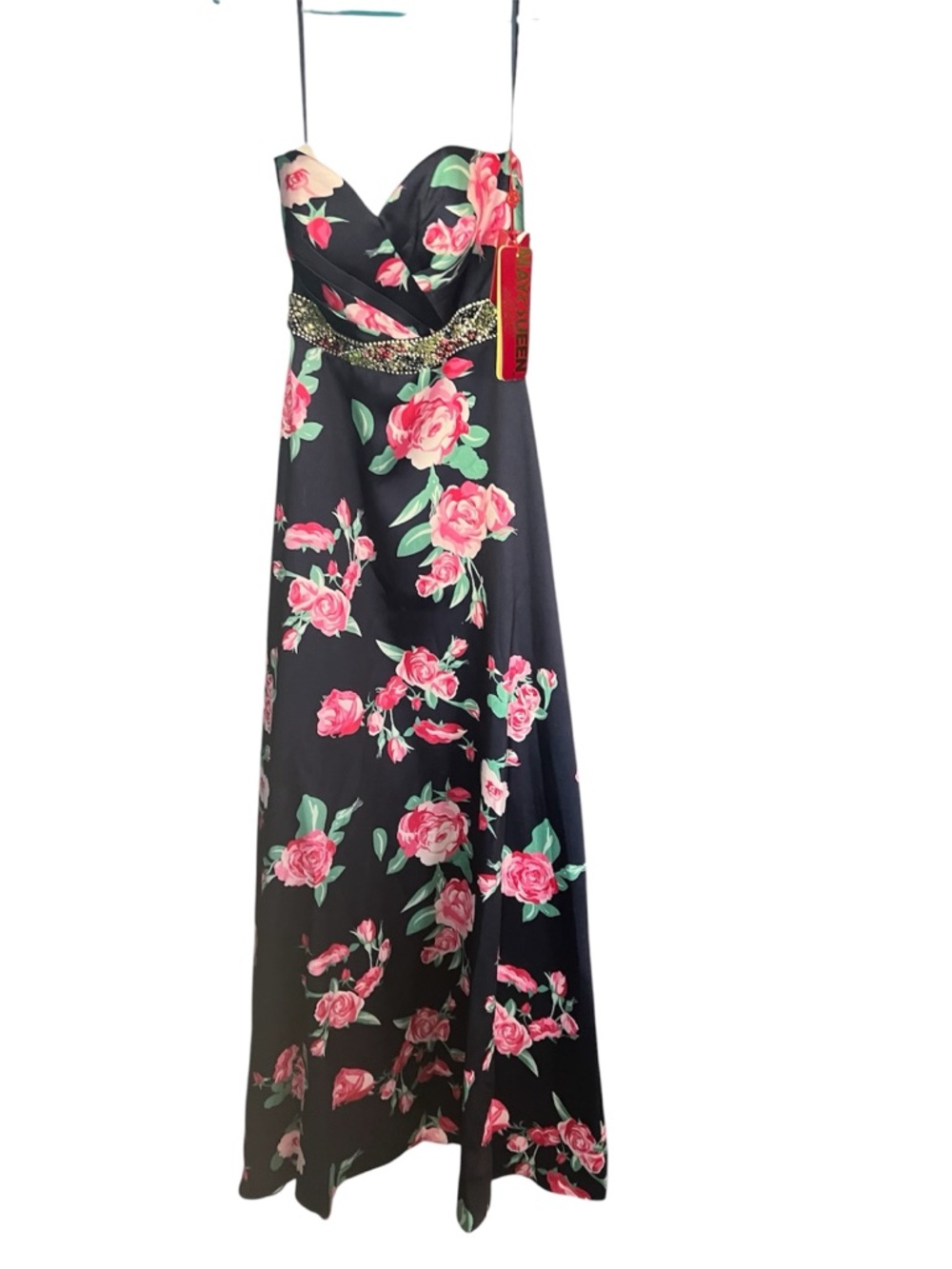 Strapless Black Floral Evening Gown with Pink Roses